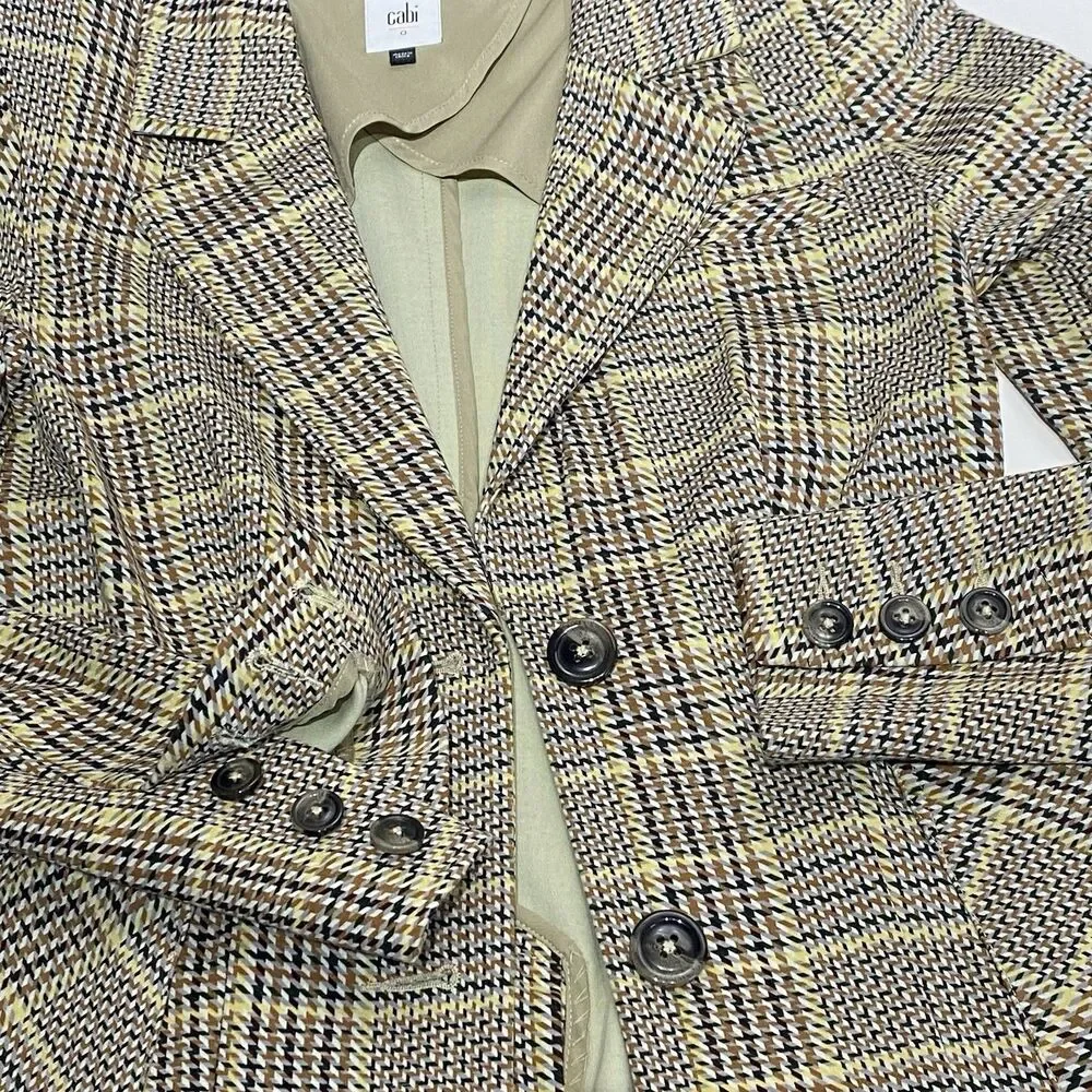 CABI Pastime Blazer #3548 Plaid Jacket Beige Multicolor Size 0 Stretch Academia